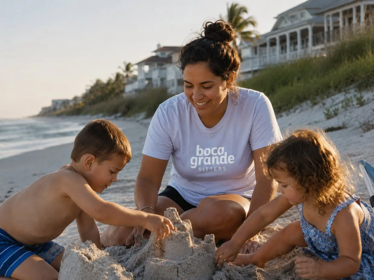 A Boca Grande sitter building a sandcastle with two children